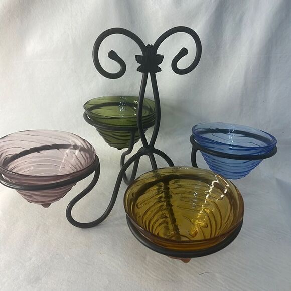 Longaberger Other - Longaberger Woven Tradition Condiment Dessert Bowl Caddy Wrought Iron Glass Bowl
